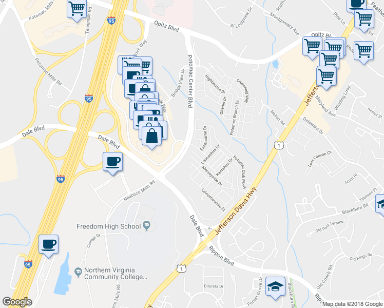 map of restaurants, bars, coffee shops, grocery stores, and more near 2374 Merseyside Drive in Woodbridge