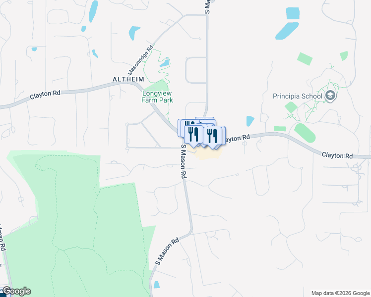 map of restaurants, bars, coffee shops, grocery stores, and more near 1128 South Mason Road in St. Louis