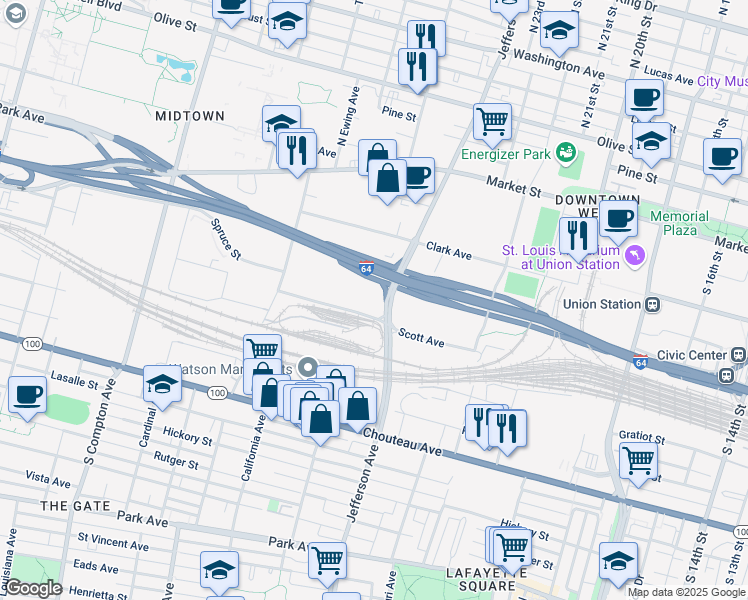 map of restaurants, bars, coffee shops, grocery stores, and more near 525 South Jefferson Avenue in St. Louis