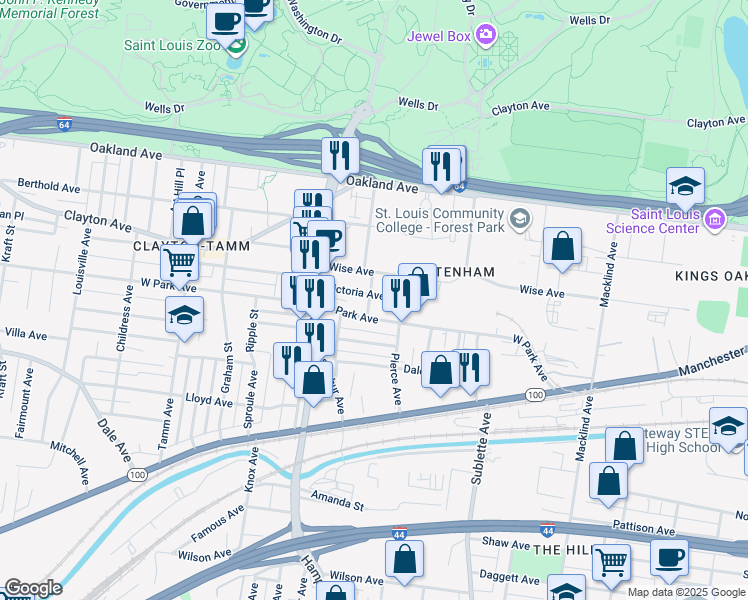 map of restaurants, bars, coffee shops, grocery stores, and more near 5831 West Park Avenue in St. Louis