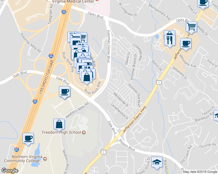 map of restaurants, bars, coffee shops, grocery stores, and more near 2376 Merseyside Drive in Woodbridge