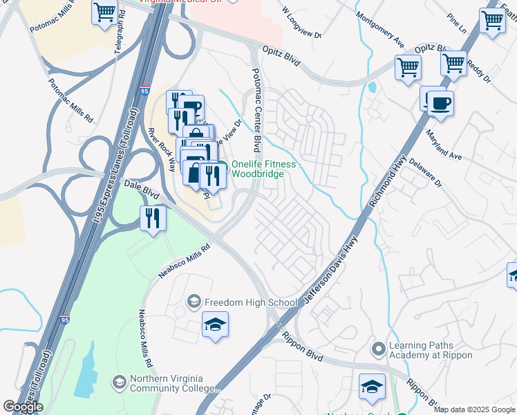 map of restaurants, bars, coffee shops, grocery stores, and more near 2378 Merseyside Drive in Woodbridge