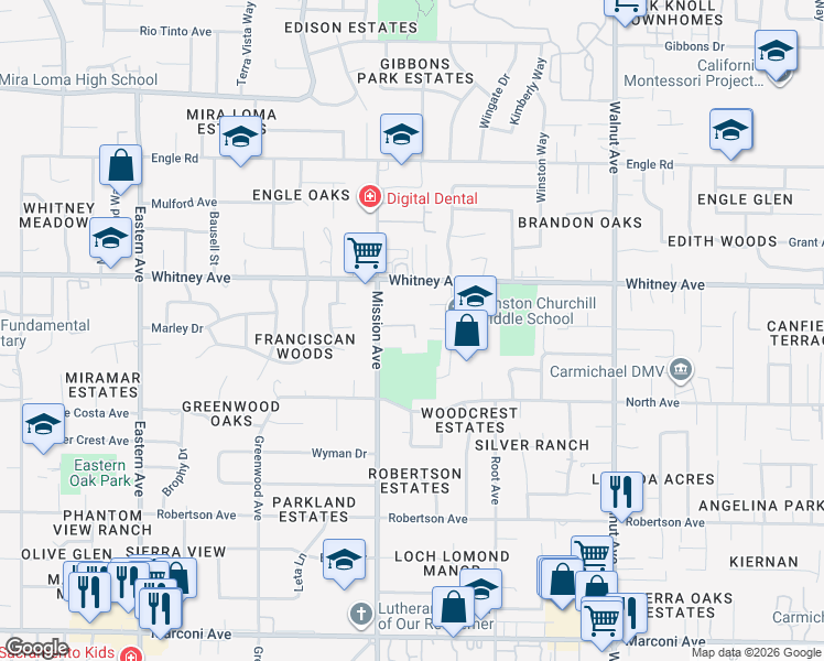 map of restaurants, bars, coffee shops, grocery stores, and more near 3410 Mission Avenue in Carmichael