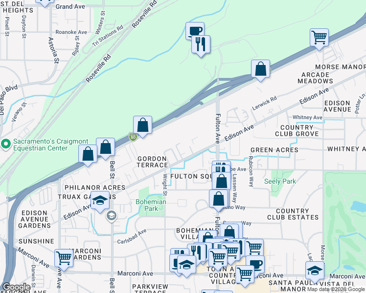 map of restaurants, bars, coffee shops, grocery stores, and more near 2501 Edison Avenue in Sacramento