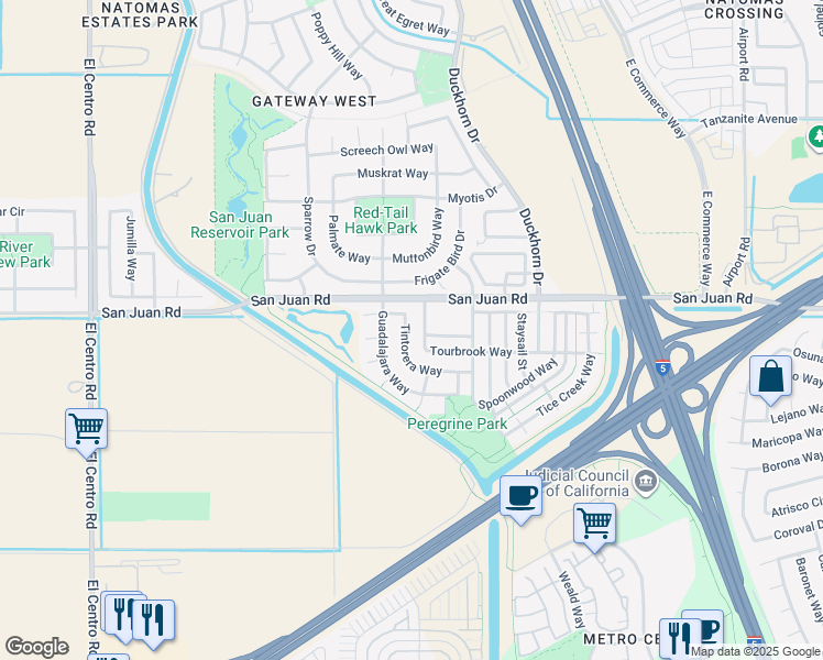 map of restaurants, bars, coffee shops, grocery stores, and more near 3108 Tintorera Way in Sacramento