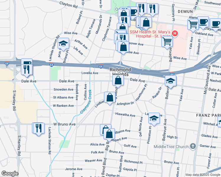 map of restaurants, bars, coffee shops, grocery stores, and more near 1428 Woodland Drive in Richmond Heights
