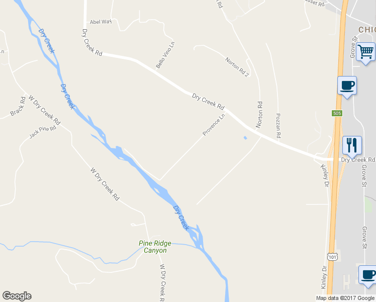 map of restaurants, bars, coffee shops, grocery stores, and more near Provence Lane in Healdsburg