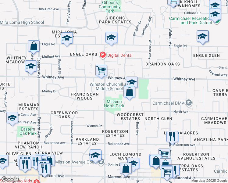 map of restaurants, bars, coffee shops, grocery stores, and more near 3410 Mission Avenue in Carmichael