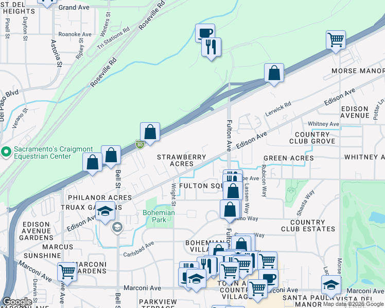 map of restaurants, bars, coffee shops, grocery stores, and more near 2501 Edison Avenue in Sacramento