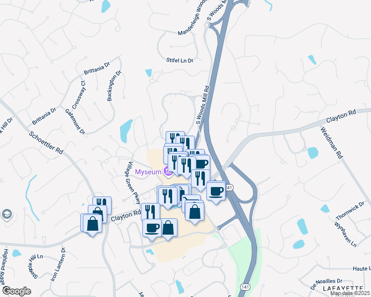 map of restaurants, bars, coffee shops, grocery stores, and more near 1045 South Woods Mill Road in Chesterfield