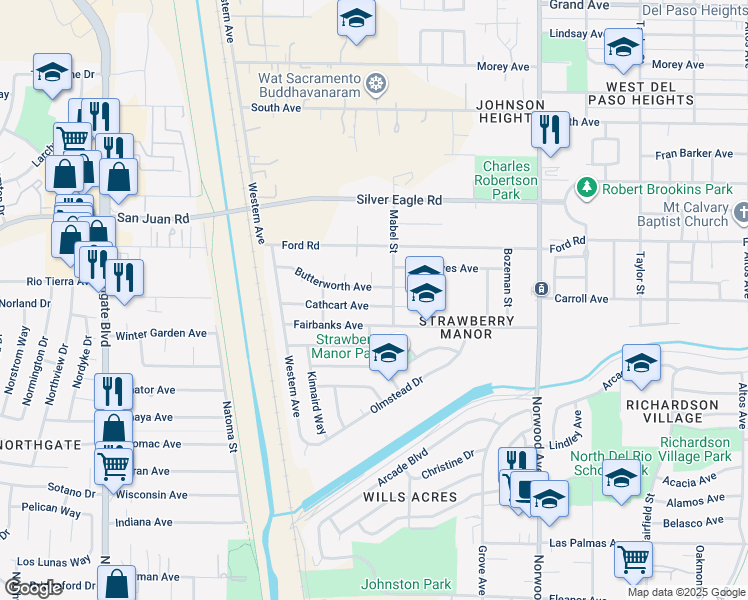 map of restaurants, bars, coffee shops, grocery stores, and more near 143 Cathcart Avenue in Sacramento