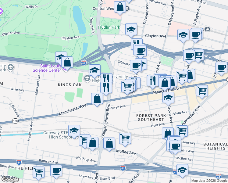 map of restaurants, bars, coffee shops, grocery stores, and more near 4551 Manchester Avenue in St. Louis