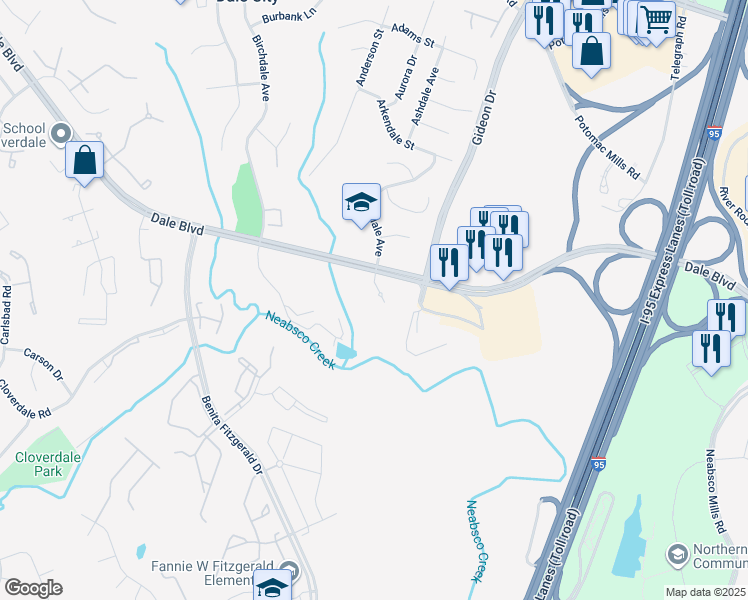 map of restaurants, bars, coffee shops, grocery stores, and more near 15010 Ashdale Circle in Woodbridge