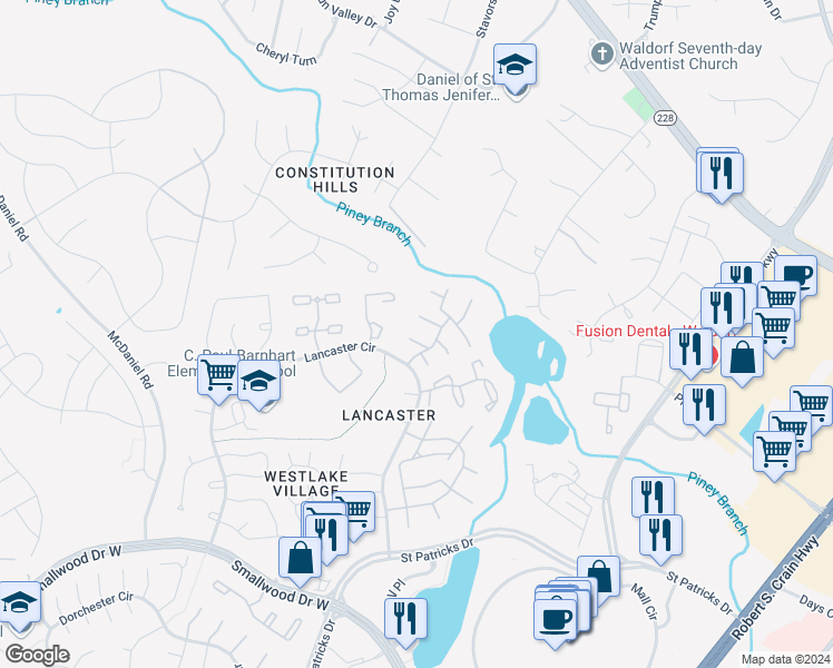 map of restaurants, bars, coffee shops, grocery stores, and more near 4359 Eagle Court in Waldorf