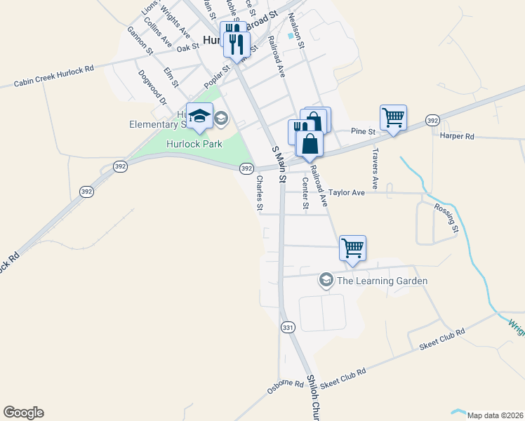 map of restaurants, bars, coffee shops, grocery stores, and more near 416 Charles Street in Hurlock