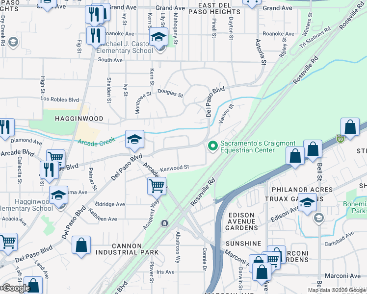 map of restaurants, bars, coffee shops, grocery stores, and more near 3320 Del Paso Boulevard in Sacramento