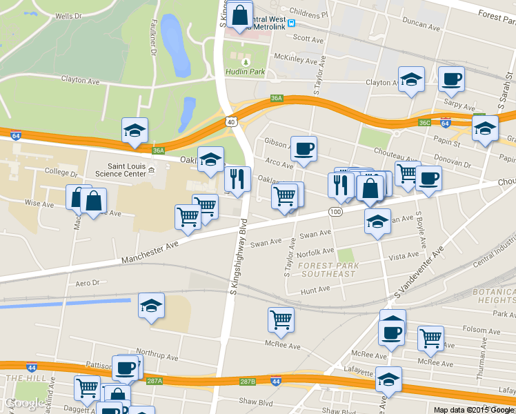 map of restaurants, bars, coffee shops, grocery stores, and more near 4551 Manchester Avenue in St. Louis