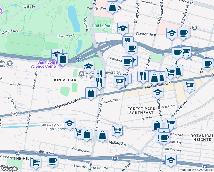 map of restaurants, bars, coffee shops, grocery stores, and more near 4551 Manchester Avenue in St. Louis