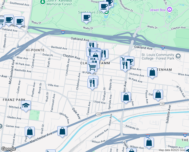 map of restaurants, bars, coffee shops, grocery stores, and more near 6314R West Park Avenue in St. Louis