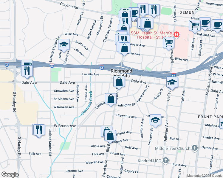 map of restaurants, bars, coffee shops, grocery stores, and more near 1428 Woodland Drive in Richmond Heights