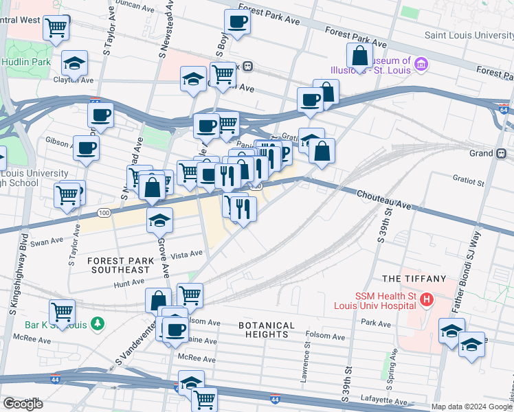 map of restaurants, bars, coffee shops, grocery stores, and more near 1229 South Vandeventer Avenue in St. Louis
