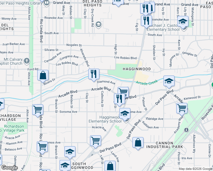 map of restaurants, bars, coffee shops, grocery stores, and more near 1327 Arcade Boulevard in Sacramento
