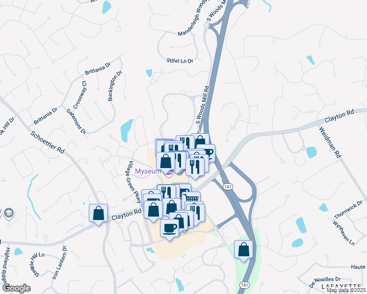 map of restaurants, bars, coffee shops, grocery stores, and more near 1045 South Woods Mill Road in Town and Country