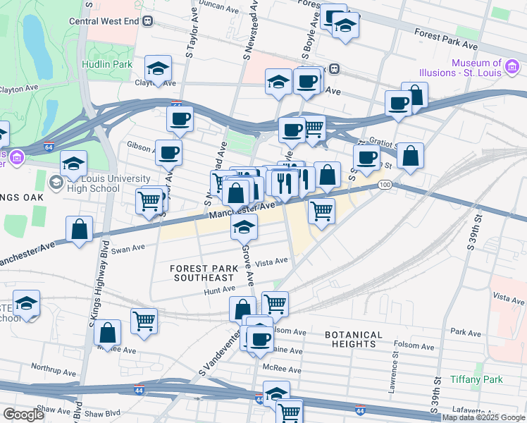 map of restaurants, bars, coffee shops, grocery stores, and more near 4225 Swan Avenue in St. Louis
