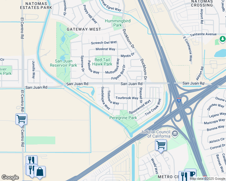 map of restaurants, bars, coffee shops, grocery stores, and more near 3108 Tintorera Way in Sacramento
