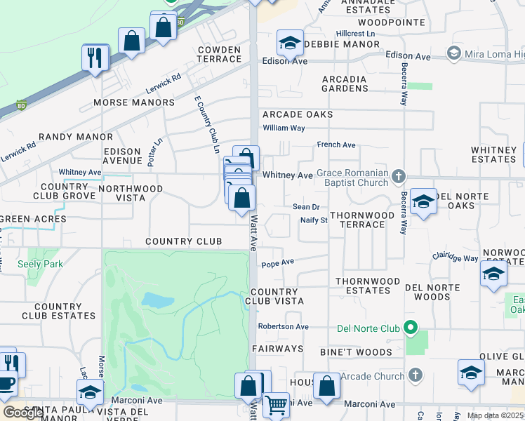 map of restaurants, bars, coffee shops, grocery stores, and more near 3319 Watt Avenue in Sacramento