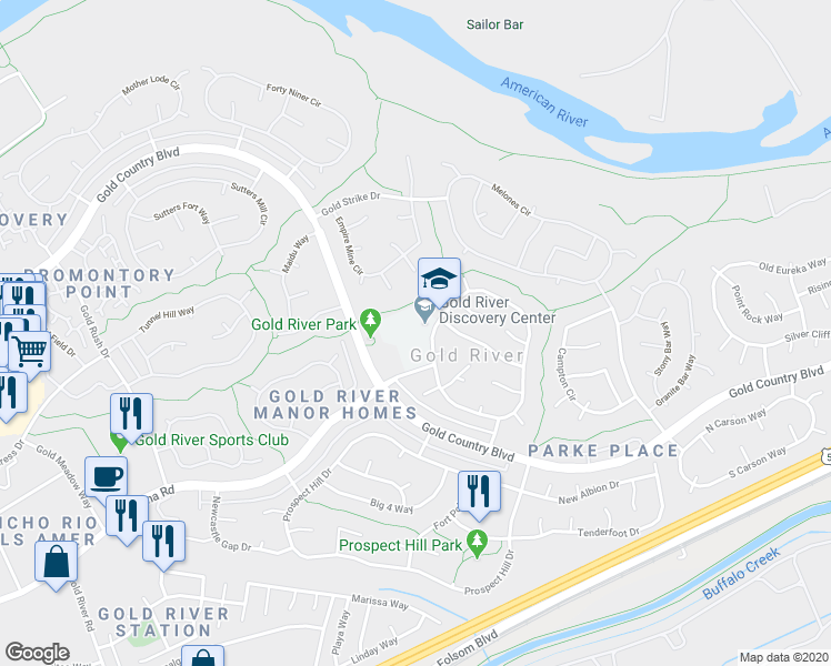 map of restaurants, bars, coffee shops, grocery stores, and more near 2200 Roaring Camp Drive in Gold River