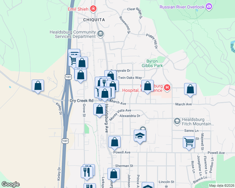 map of restaurants, bars, coffee shops, grocery stores, and more near 1336 Tulip Court in Healdsburg