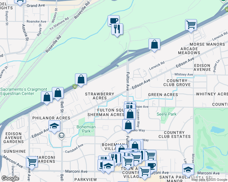 map of restaurants, bars, coffee shops, grocery stores, and more near 2501 Edison Avenue in Sacramento