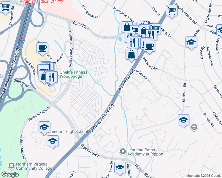 map of restaurants, bars, coffee shops, grocery stores, and more near 14934 Richmond Highway in Woodbridge
