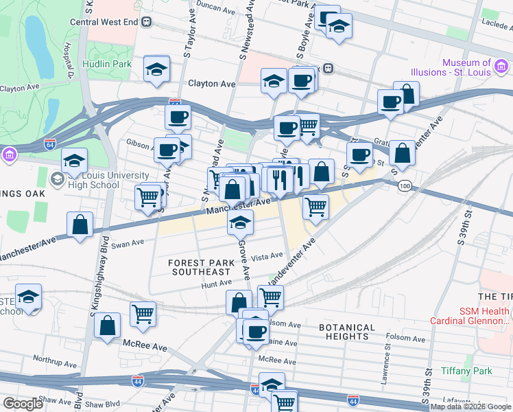 map of restaurants, bars, coffee shops, grocery stores, and more near 4236 Manchester Avenue in St. Louis