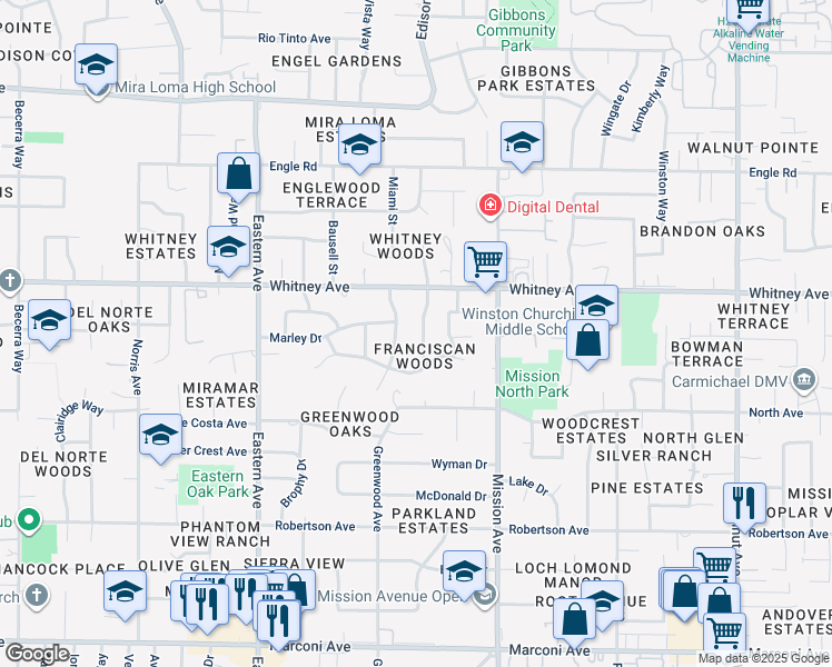 map of restaurants, bars, coffee shops, grocery stores, and more near 3408 Concetta Way in Sacramento