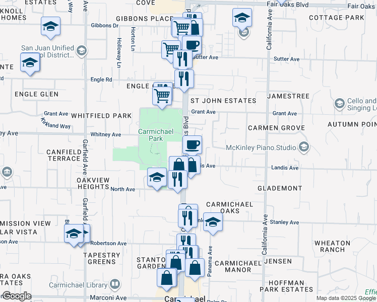 map of restaurants, bars, coffee shops, grocery stores, and more near 6908 Fair Oaks Boulevard in Carmichael