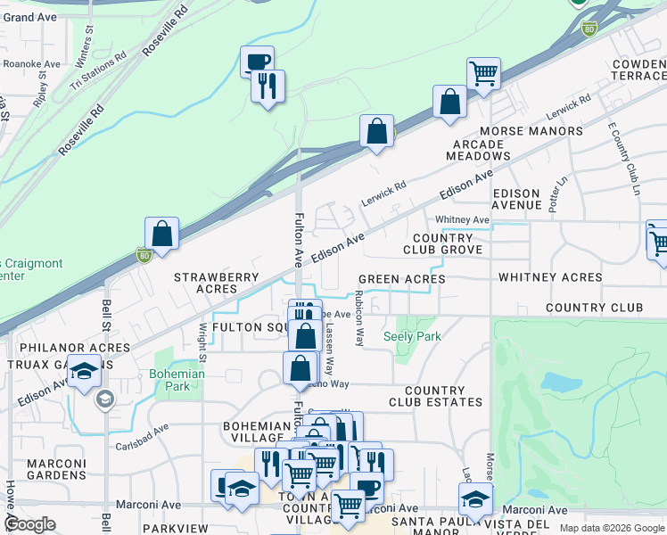 map of restaurants, bars, coffee shops, grocery stores, and more near 2660 Ball Way in Sacramento