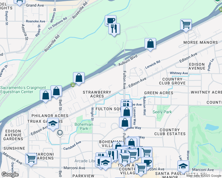 map of restaurants, bars, coffee shops, grocery stores, and more near 2501 Edison Avenue in Sacramento
