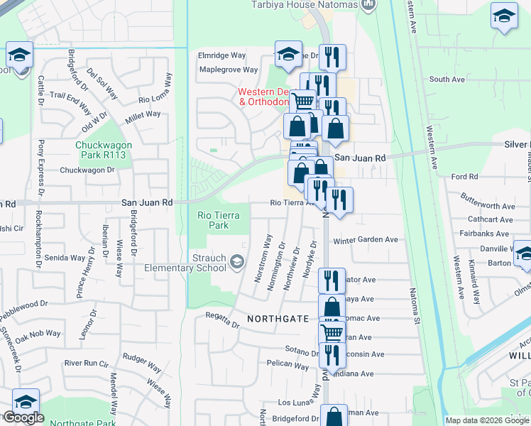 map of restaurants, bars, coffee shops, grocery stores, and more near 3240 Norstrom Way in Sacramento