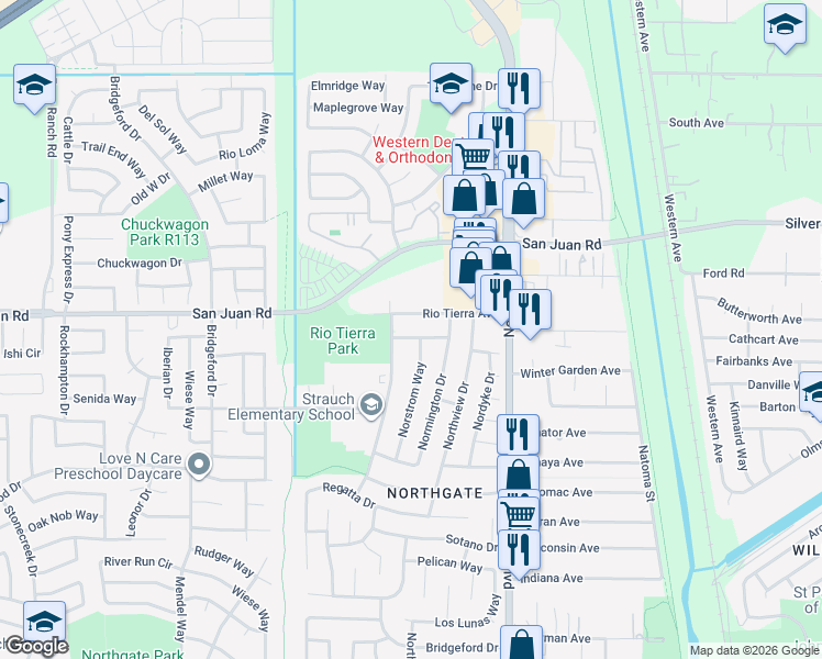 map of restaurants, bars, coffee shops, grocery stores, and more near 3240 Norstrom Way in Sacramento