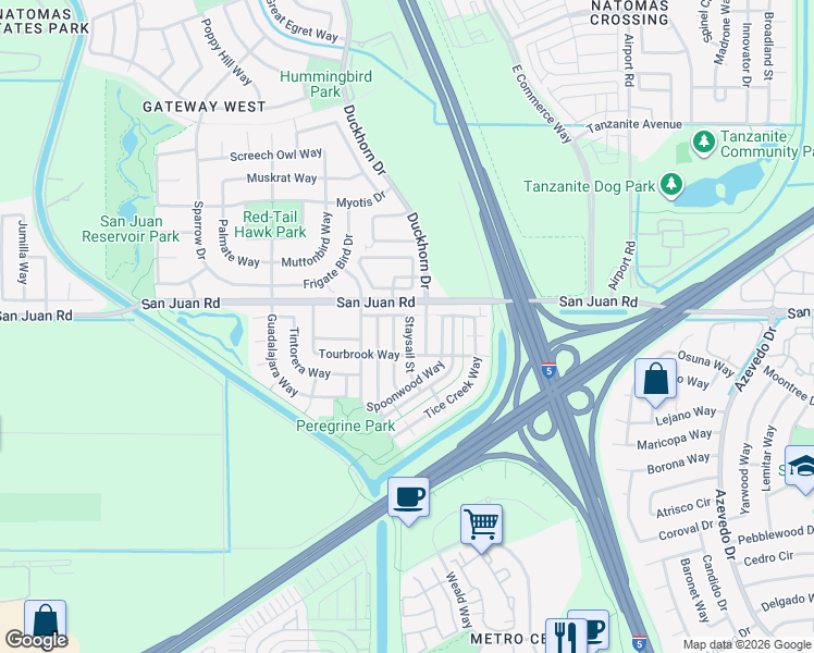 map of restaurants, bars, coffee shops, grocery stores, and more near 3121 Tolliver Street in Sacramento