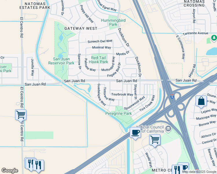 map of restaurants, bars, coffee shops, grocery stores, and more near 3108 Tintorera Way in Sacramento