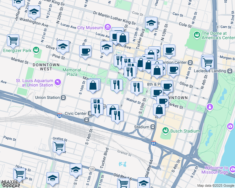 map of restaurants, bars, coffee shops, grocery stores, and more near in St. Louis