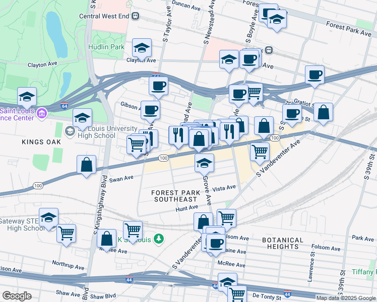 map of restaurants, bars, coffee shops, grocery stores, and more near 4352 Manchester Avenue in St. Louis