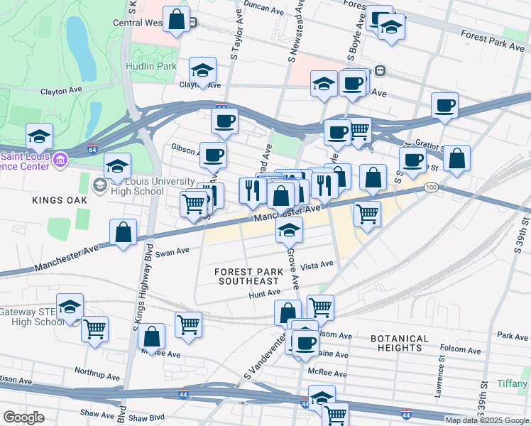map of restaurants, bars, coffee shops, grocery stores, and more near 4352 Manchester Avenue in St. Louis