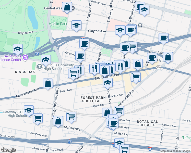 map of restaurants, bars, coffee shops, grocery stores, and more near 4352 Manchester Avenue in St. Louis
