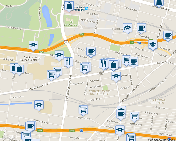 map of restaurants, bars, coffee shops, grocery stores, and more near 4434 Manchester Avenue in St. Louis