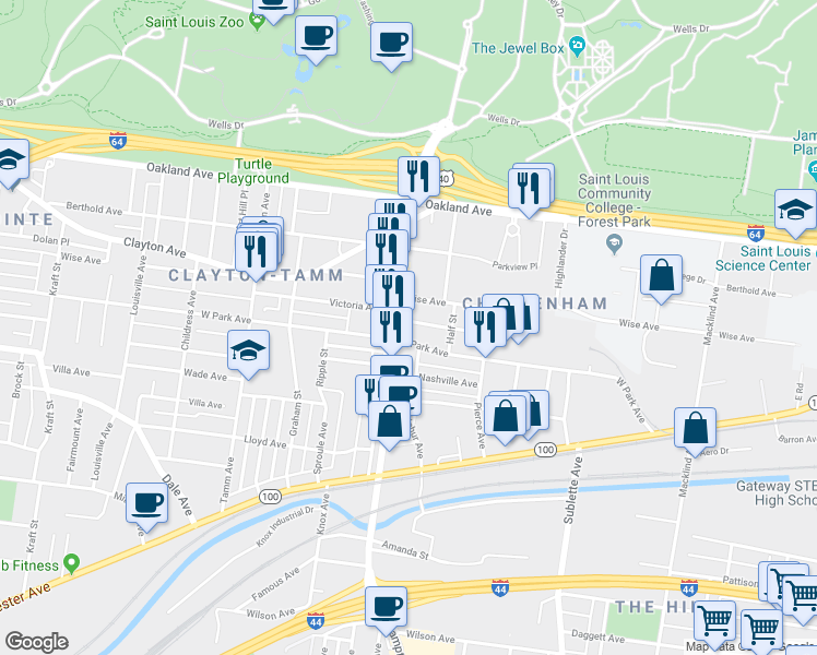 map of restaurants, bars, coffee shops, grocery stores, and more near 5937 West Park Avenue in St. Louis