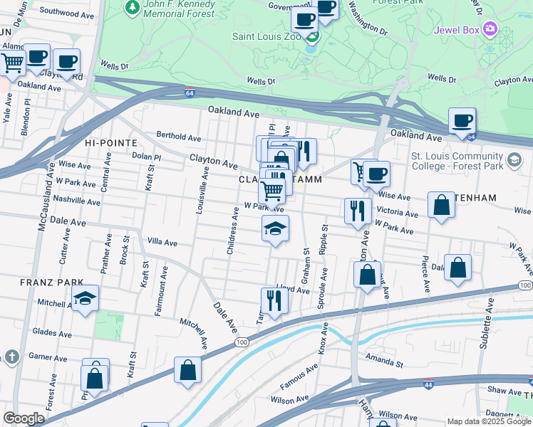 map of restaurants, bars, coffee shops, grocery stores, and more near 6421 Nashville Avenue in St. Louis